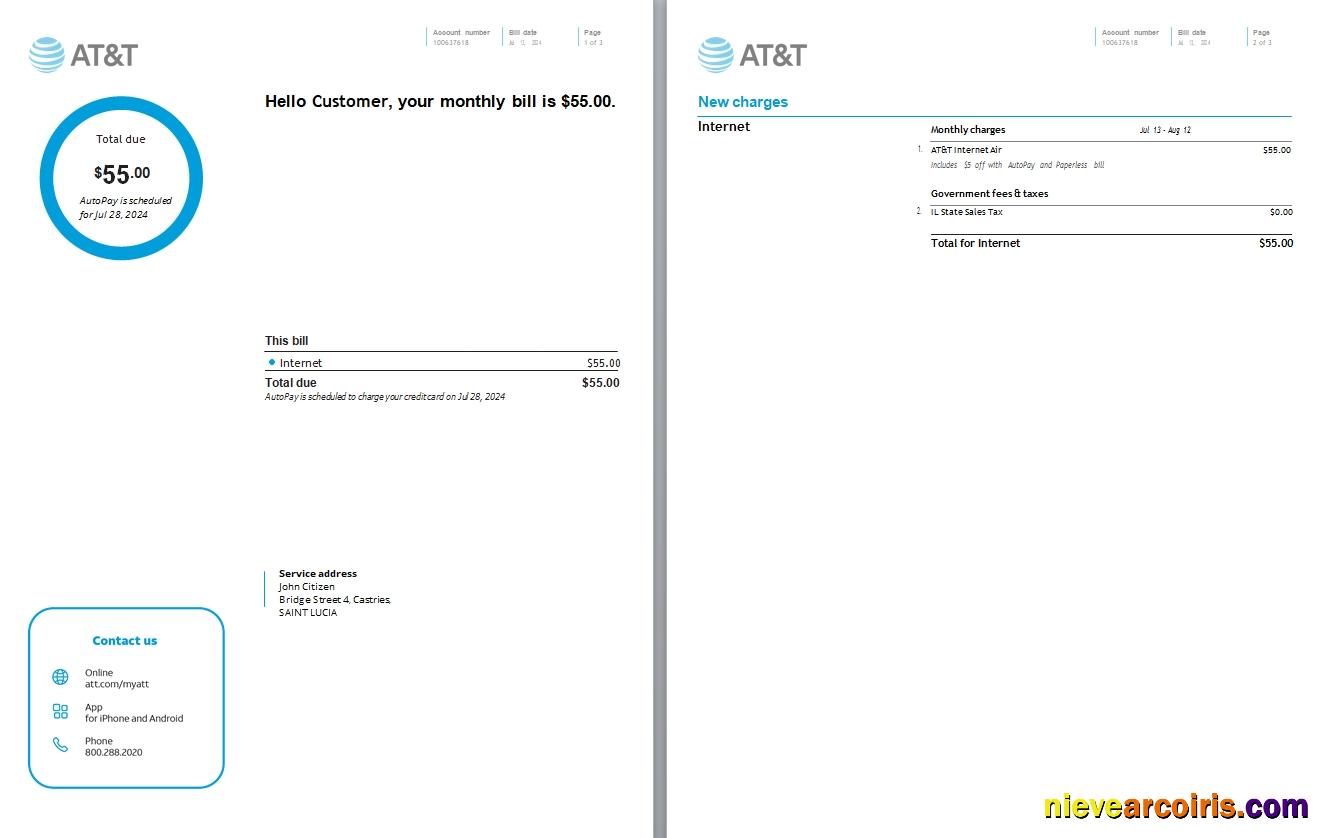 Saint Lucia internet utility bill, 3 pages